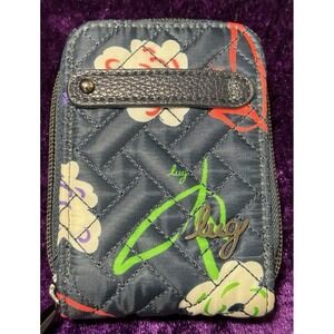 LUG Flurry Wallet Quilted Floral Blue RFID Blocking Credit Card ID 4x5 Charm Bar